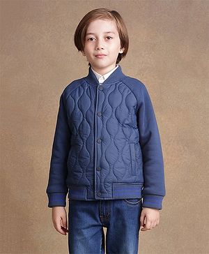 One Friday Full Sleeves Front Open Quilted Jacket - Navy Blue