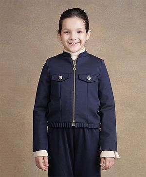 One Friday Full Sleeves Front Open Solid Jacket - Navy Blue