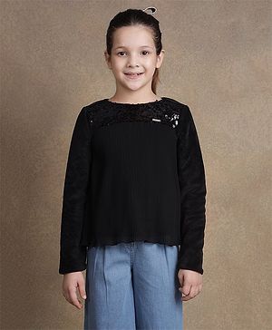 One Friday Full Sleeves Lace Embellished  Pleated Top - Black