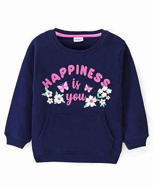 Babyhug Cotton Knit Full Sleeves Sweatshirt With Glitter Text Print - Navy Blue
