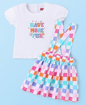 Babyhug Cotton Knit Half Sleeves Text Printed Top & Checkered Skirt With Suspender - Multicolor