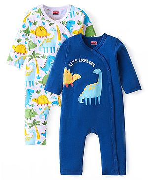 Babyhug 100% Cotton Knit Full Sleeves Romper with Dino Print Pack of 2 - Blue & White