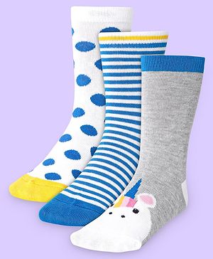 Cute Walk by Babyhug Knit Antibacterial Ankle Length Socks With Polka Dot & Unicorn Print Pack of 3 - White Blue & Grey