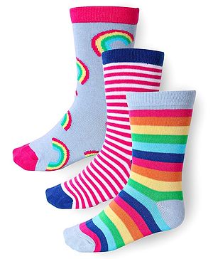 Cute Walk by Babyhug Cotton Lycra Knit Anti-bacterial Socks Stripes & Rainbow Design Pack of 3 - Pink & Blue
