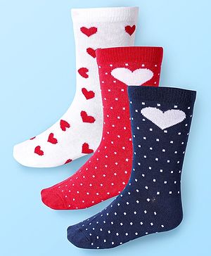 Cute Walk by Babyhug Cotton Lycra Knit Anti-bacterial Socks  with Polka Dots & Heart Design Pack of 3 - Red Navy Blue & White