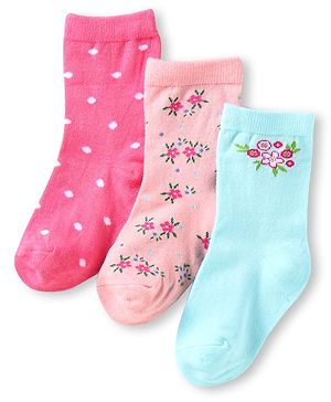 Cute Walk by Babyhug Ankle Length Socks With Floral & Polka Dot Design Pack of 3 - Dark Pink Blue & Pink