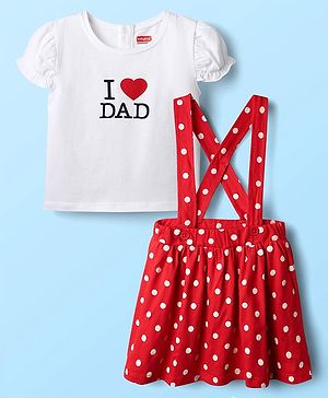 Babyhug Cotton Knit Cap Sleeves Text Printed Top & Polka Dots Skirt With Suspender - White & Red