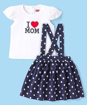 Babyhug Cotton Knit Cap Sleeves Top & Polka Dots Printed Skirt With Suspender - Navy & White