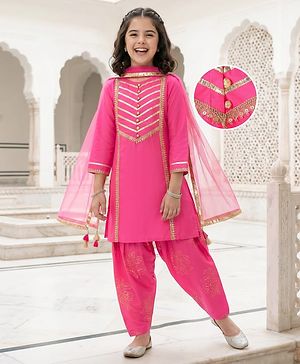 Pine Kids Woven Full Sleeves Kurti Patiala & Dupatta Set with Foil Print & Lace Detailing - Pink