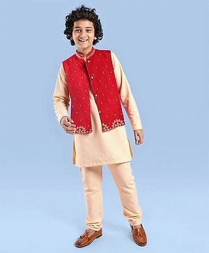 Pine Kids Woven Full Sleeves Solid Kurta Pyjama Set with Embroidered Jacket - Red
