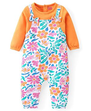 Babyhug 100% Cotton Full Sleeves Romper with Inner Top Floral Print - Orange