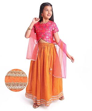Pine Kids Woven Half Sleeves  Embroidered Choli Lahenga set With Dupatta - Dark Orange