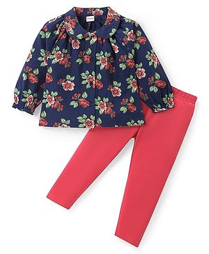 Babyhug Cotton Knit Full Sleeves Peter Pan Collared Floral Printed Top & Leggings Set - Navy & Red