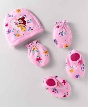 Babyhug Disney Cotton Knit Caps Mittens & Booties Set with Disney Princess Graphic - Pink