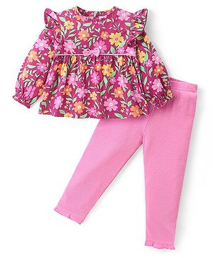 Babyhug Cotton Knit Full Sleeves Frill Detailed & Floral Printed Top With Leggings - Maroon