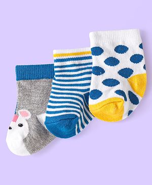 Cute Walk by Babyhug Knit Ankle Length Antibacterial Socks with Bear Design & Stripes Pack of 3 - White & Grey