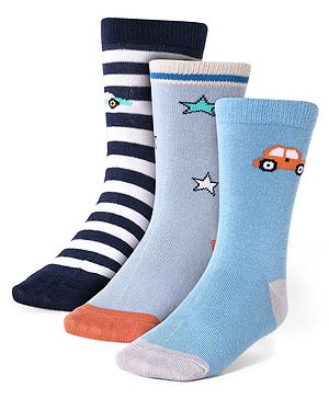 Cute Walk by Babyhug Cotton Lycra Knit Anti-bacterial Socks Strips Stars & Car Design Pack of 3 - Light Blue & Black