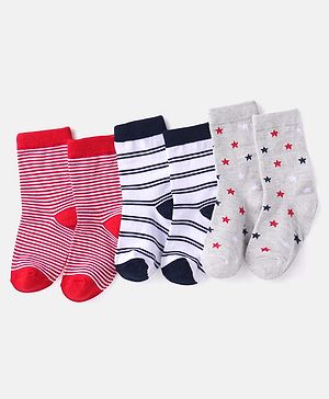 Cute Walk by Babyhug Knit Ankle Length Striped Socks With Star Design Pack of 3 - Red Black & Grey