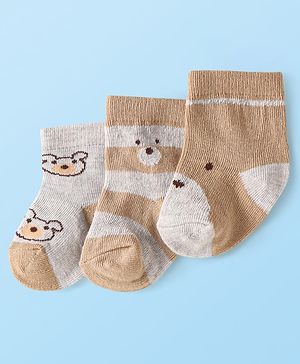 Cute Walk by Babyhug Knit Ankle Length Antibacterial Socks with Bear Design Pack of 3 - Tan