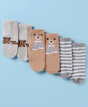 Cute Walk by Babyhug Cotton Knit Antibacterial Ankle Socks With Striped & Bear Print - Brown & Grey