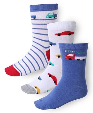 Cute Walk by Babyhug Ankle Length Socks With Vehicle Print Pack of 3 - White & Blue