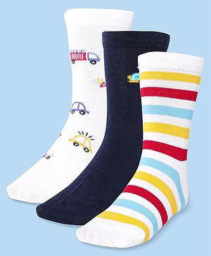 Cute Walk by Babyhug Cotton Lycra Knit Anti-bacterial Socks Strips & Cars Design Pack of 3 - Navy Blue & White