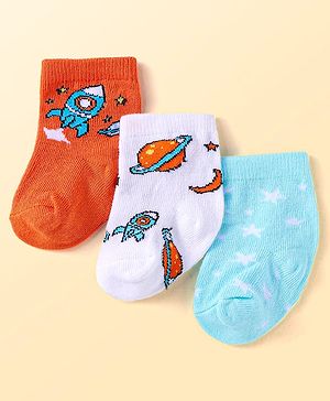 Cute Walk by Babyhug Knit Ankle Length Socks With Space Theme Design Pack of 3 - Orange White & Light Blue