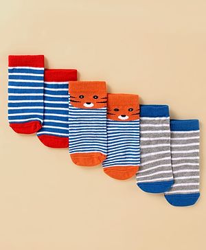 Cute Walk by Babyhug Cotton Knit Antibacterial Ankle Length Socks With Striped & Tiger Print - Blue & Grey