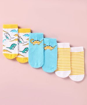 Cute Walk by Babyhug Cotton Knit Antibacterial Ankle Length Socks With Striped & Dino Print - Yellow & Sky Blue