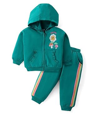 Babyhug Cotton Knit Full Sleeves Hooded Front Zipper T-Shirt & Lounge Pants Set With Floral Print - Teal Blue