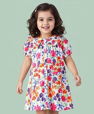 Babyhug Cotton Woven Half Sleeves Frock With Floral Print & Peter Pan Collar - White