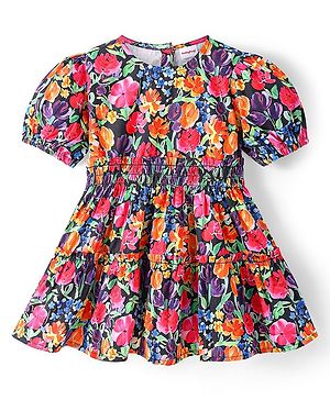 Babyhug Cotton Woven Half Sleeves Floral Printed Frock - Navy Blue