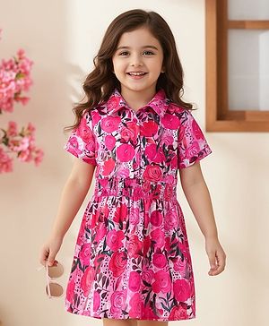 Babyhug Cotton Woven Half Sleeves Floral Printed Frock - Dark Pink