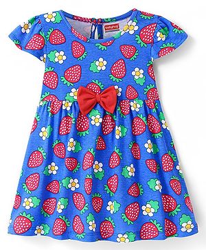 Babyhug Cotton Woven Half Cap Sleeves Frock With Strawberry & Floral Print & Bow Applique - Blue