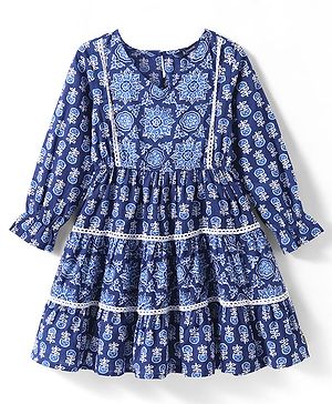 Pine Kids Woven Full Sleeves Tiered Ethnic Dress with Floral Print - Navy Blue