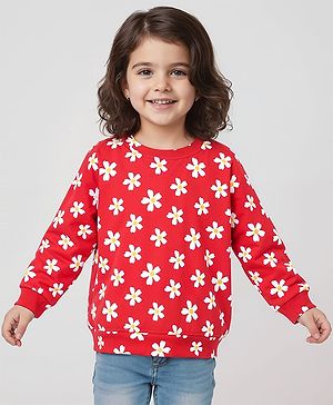 Babyhug Cotton Knit Full Sleeves Sweatshirt with Floral Print - Red