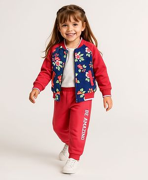 Babyhug Cotton Knit Raglan Sleeves Floral Printed Front Zipper Bomber Jacket & Lounge Pants Set - Red & Blue