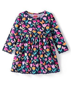 Babyhug Cotton Woven Full Sleeves Frock with Floral Print - Navy Blue