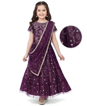 Pine Kids Woven Half Sleeves Floral Foil Printed Choli Lehenga & Dupatta  Set with Sequins - Wine