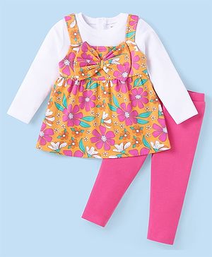 Babyhug Single Jersey Knit Full Sleeves T-Shirt & Floral Print Top Leggings Set - Dark Pink & Yellow