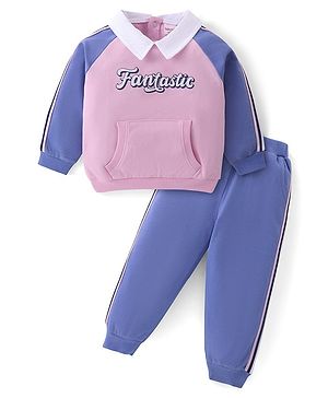 Babyhug Cotton Knit Raglan Sleeves Collared T-Shirt & Lounge Pants Set With Kangaroo Pockets & Text Print - Pink & Blue