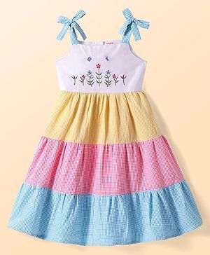 Babyhug Seersucker Woven Sleeveless Checks Frock With Floral Embroidery - Multicolor