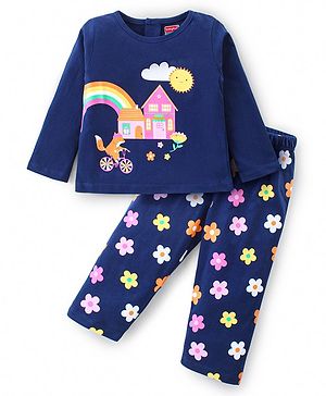 Babyhug Cotton Knit Full Sleeves Night Suit with Fox & Floral Print - Navy