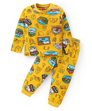 Babyhug Cotton Knit Full Sleeves Night Suit With Camping Theme Print - Yellow