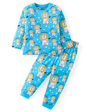Babyhug Cotton Knit Full Sleeves Night Suit With Lion Print - Blue