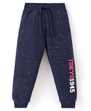 Babyhug Terry Cotton Knit Full Length Track Pant with Pockets &  Text Print - Navy Blue