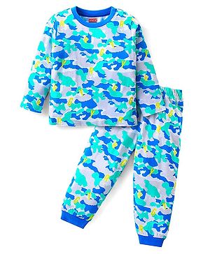 Babyhug Cotton Knit Full Sleeves Night Suit With Camouflage Print - Blue & Melange Grey