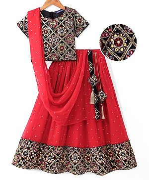Pine Kids Woven Half Sleeves Banjara Designed Embroidered Choli Lagenga Set with Dupatta -  Red & Navy