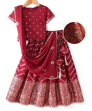 Pine Kids Woven Half Sleeves Zari Embroidered Choli Lehenga & Dupatta Set With Tassel Detailing - Dark Red