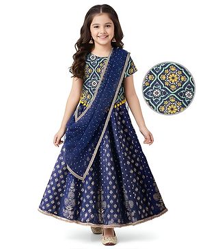 Pine Kids Woven Half Sleeves Floral Foil Printed Choli Lehenga Set with Dupatta & Lace Detailing - Navy Blue